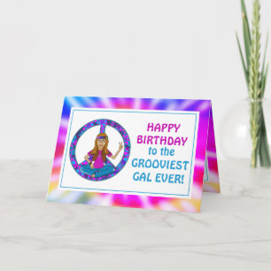 Cartão Antigo Hippie Hippy Tie Dye Groovy Gal Birthday