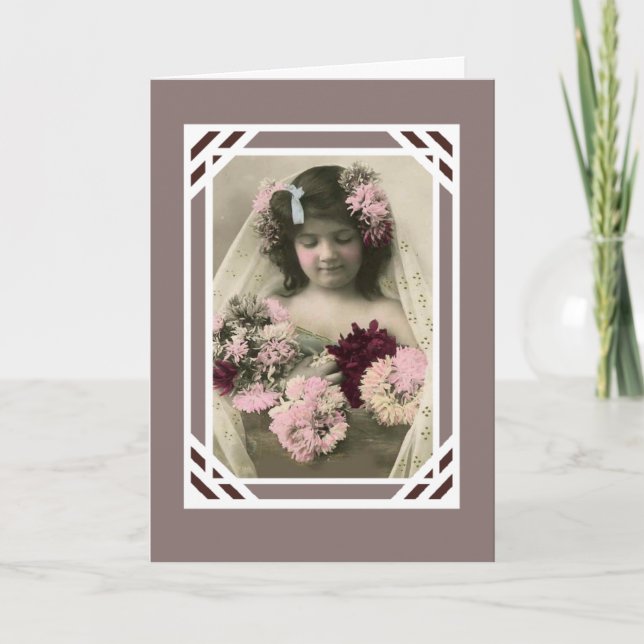 Cartão Antigo Menina Com Flores (Frente)