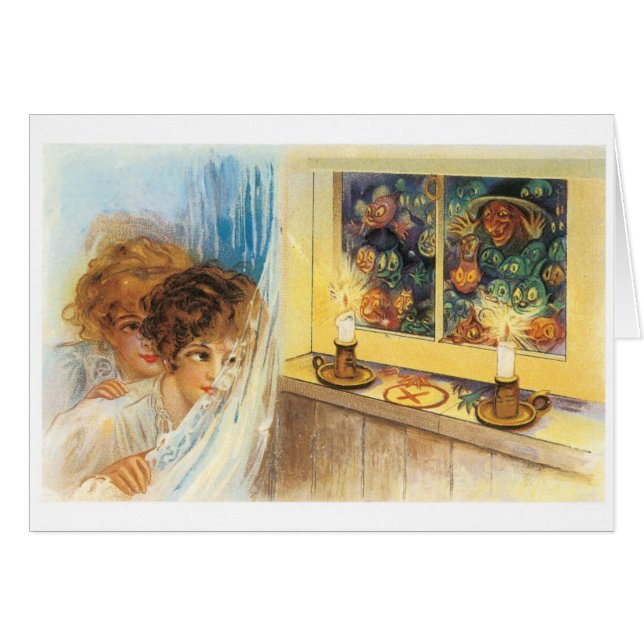 Cartão Antiquado Halloween, Meninas conhecem Bruxa (Frente Horizontal)