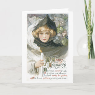Cartão Antiquado Halloween, Meninas conhecem Goblins