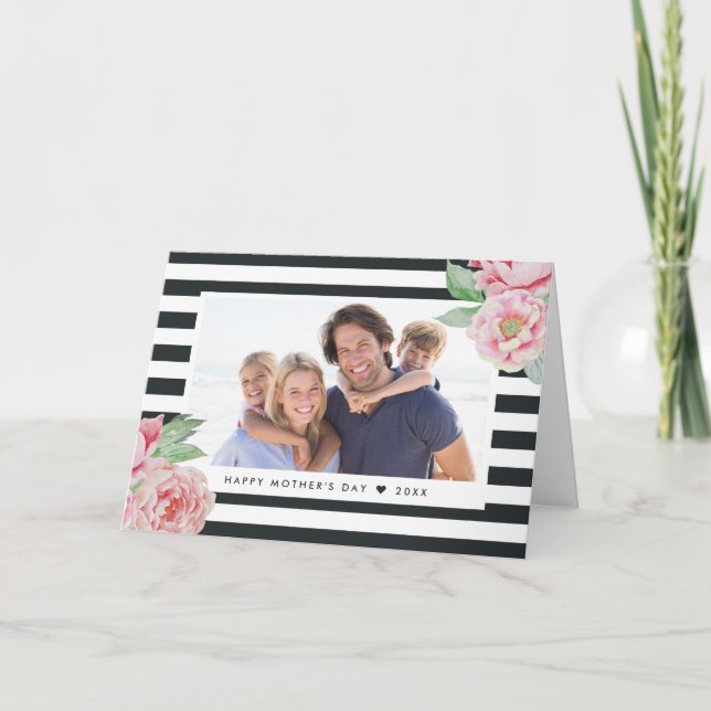 Cartão Antique Peony Charcoal Stripe | Mother's Day Photo (Frente)