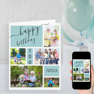 Cartão Any Age 5 Photo Collage Light Blue Custom Birthday