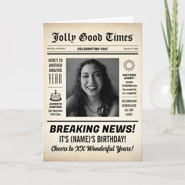 Cartão Any Age, Custom Photo, Vintage Newspaper Birthday (Frente)