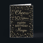 Cartão ANY Birthday Cheers Elegant Black and Gold Glitter<br><div class="desc">Say happy birthday in style with this elegant black and gold greeting card. Design features customizable script calligraphy "Cheers to 50 Years" and gold faux glitter confetti dots on a black background. Please note that gold is printed color, not metallic foil. The modern typography message is simple to personalize to...</div>