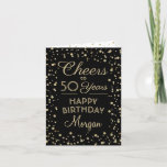 Cartão ANY Birthday Cheers Elegant Black and Gold Glitter<br><div class="desc">Say happy birthday in style with this elegant black and gold greeting card. Design features customizable script calligraphy "Cheers to 50 Years" and gold faux glitter confetti dots on a black background. Please note that gold is printed color, not metallic foil. The modern typography message is simple to personalize to...</div>