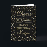 Cartão ANY Birthday Cheers Elegant Black and Gold Glitter<br><div class="desc">Say happy birthday in style with this elegant black and gold greeting card. Design features customizable script calligraphy "Cheers to 50 Years" and gold faux glitter confetti dots on a black background. Please note that gold is printed color, not metallic foil. The modern typography message is simple to personalize to...</div>