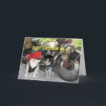 Cartão Apenas Cruisin no aniversário engraçado<br><div class="desc">Uma imagem diferente do motociclista Bubba. Tem um bandana vermelho amarrado em sua cabeça apenas como muitos motociclistas. Igualmente tem uma veste de couro e máscaras. Mikie tem um boné preto e um bandana do preto e da prata. A bicicleta no fundo é obrigados a PublicDomainPictures.net. Texto na parte dianteira:...</div>