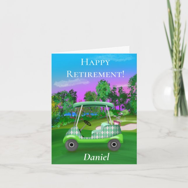 Cartão Aposentadoria Feliz Personalizada Golfe Pôr do Sol (Frente)
