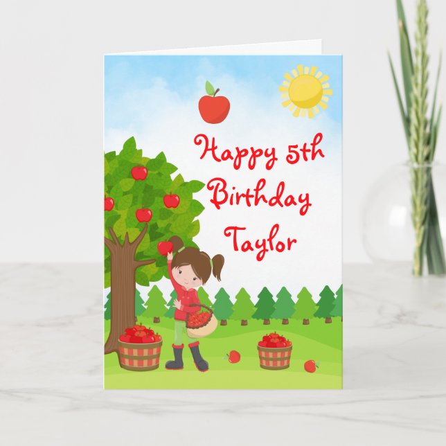 Cartão Apple Picting Brown Hair Girl Happy Birthday Card (Frente)