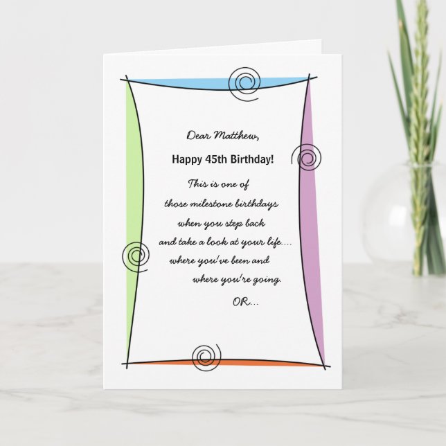 Cartão Aproveite o momento 45 de aniversário (Frente)