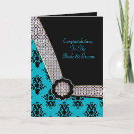 Cartão Aqua Blue & Black Damask Gem Sparkle