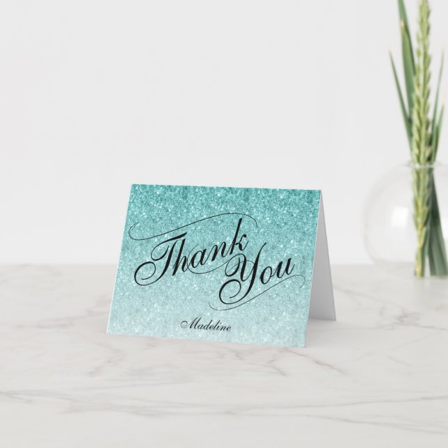 Cartão Aqua Blue Glam Glitter Thank You Card (Frente)