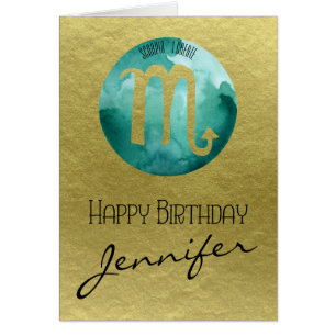 Cartão Aqua Zodiac Sinal Scorpio em Dourado Fundo