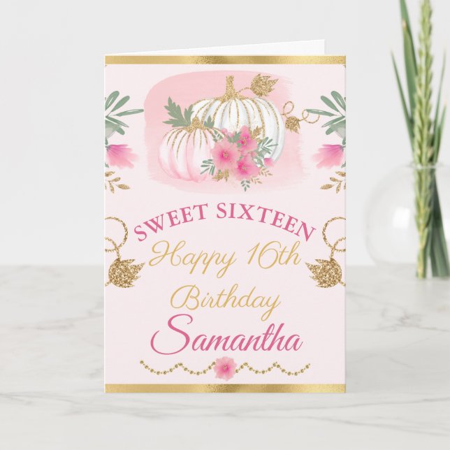 Cartão Aquarela Abóbora Rosa Dourada Sweet Sixteen (Frente)