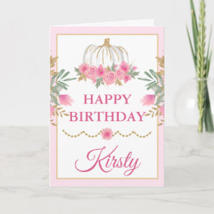Cartão Aquarela Abóbora Rosa Dourado Feliz Aniversário