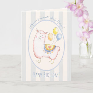 Cartão Aquarela Alpaca com Balão Azul Claro Aniversário