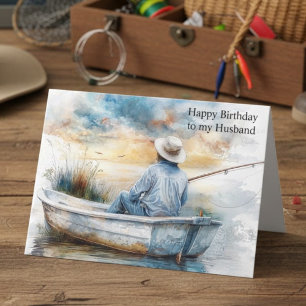 Cartão Aquarela Azul Marido Pescador Feliz Aniversário