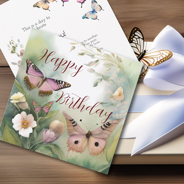 Cartão Aquarela Borboleta e Flores de Primavera Aniversár (Criador carregado)