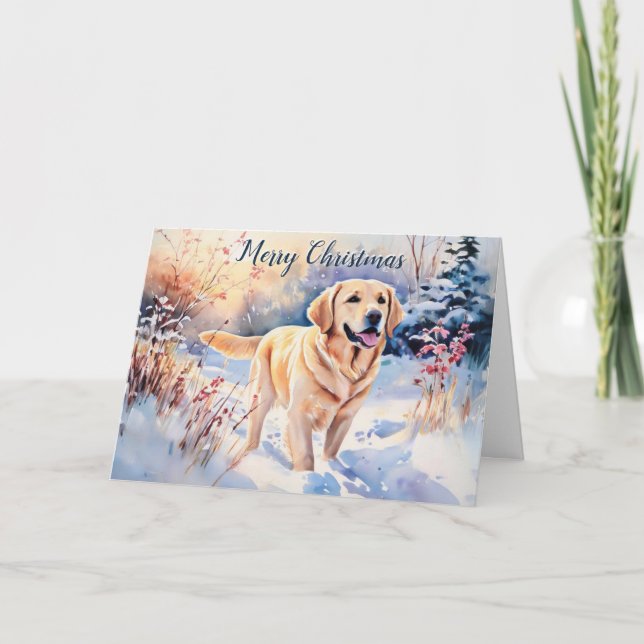 Cartão Aquarela Cão Labrador Na Neve Feliz Natal (Frente)