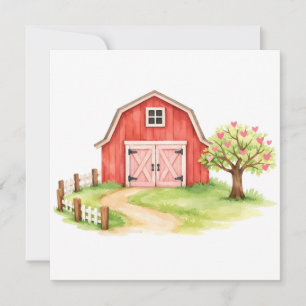 Cartão Aquarela Celeiro Rústico Vermelho País