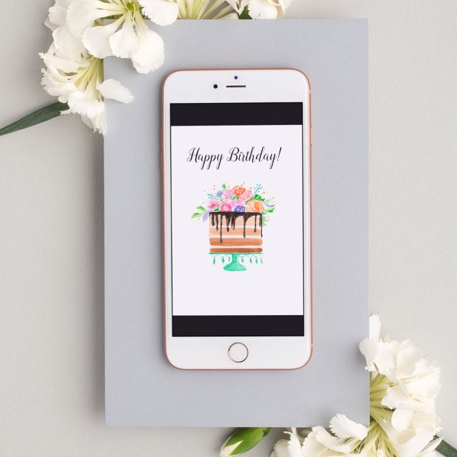 Cartão Aquarela Chocolate Floral Bolo de Aniversário (A lovely watercolor Birthday cake card for your instant birthday wishes)