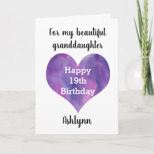Cartão Aquarela Coração Roxo Feliz Aniversário de 19 Anos