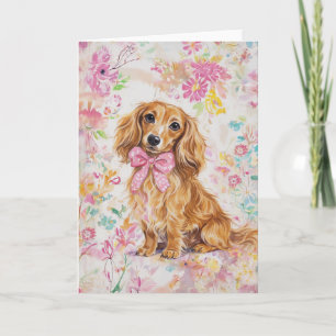 Cartão Aquarela Dachshund de Cabelo Longo Floral Pastel