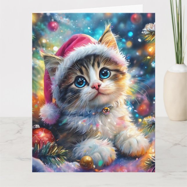 Cartão Aquarela de Natal de Kitten Suave em Chapéu Rosa (Frente)