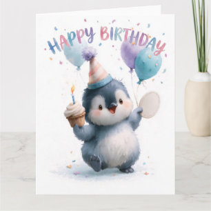 Cartão Aquarela de um Bebê Pinguim Feliz Aniversário