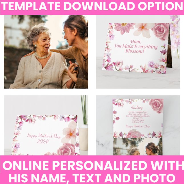 Cartão Aquarela Elegante Púrpura Floral e Pia-Rosa (Elegant Watercolor Floral Purple and Pink Keepsake Card)