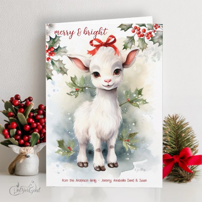 Cartão Aquarela Feliz e Brilho (goat lover's Christmas Cards - baby goats in watercolor - 8th in a series of 8  #zazzlemade)