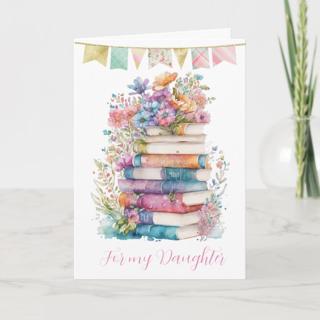 Cartão Aquarela Floral e Livros Filha de Aniversário (Frente)