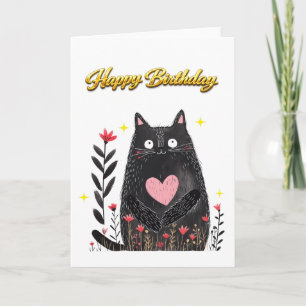 Cartão Aquarela Floral Gato Preto Coração Rosa Aniversári
