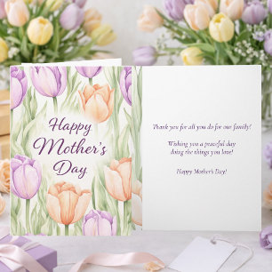Cartão Aquarela Flores Tulipas Roxas Feliz Dia das Mães