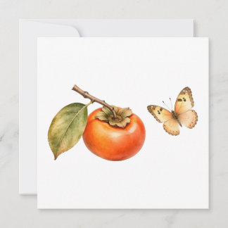 Cartão Aquarela Fruta Caqui e Borboleta