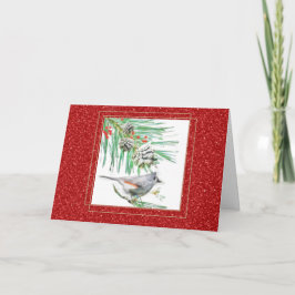Cartão Aquarela Galho de Pinheiro e Pássaro Natal