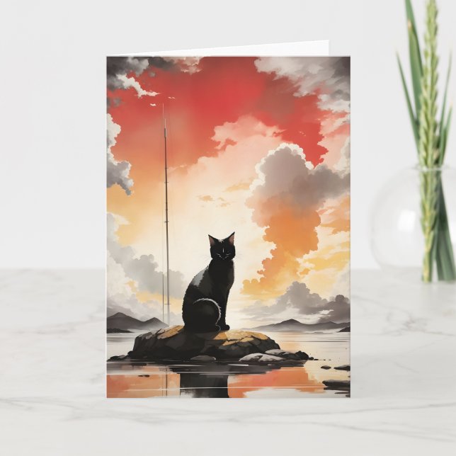 Cartão Aquarela Gato Preto em um Retrato em Branco (Frente)