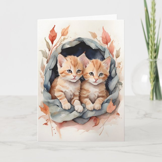 Cartão Aquarela Gato Xadrez Laranja Amigos Flores Branco (Frente)