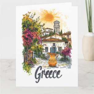 Cartão Aquarela Grécia: Cena de Aldeia com Flores