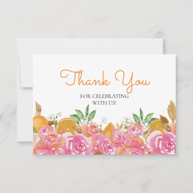 Cartão Aquarela Laranja e Floral Rosa Muito Obrigado (Frente)