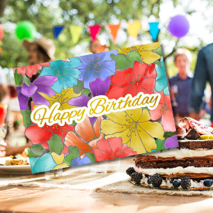 Cartão Aquarela Moderna Floral Dourado Feliz Aniversário