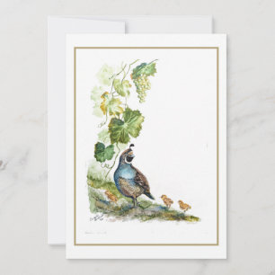 Cartão Aquarela Original Família de Codorniz da Califórni