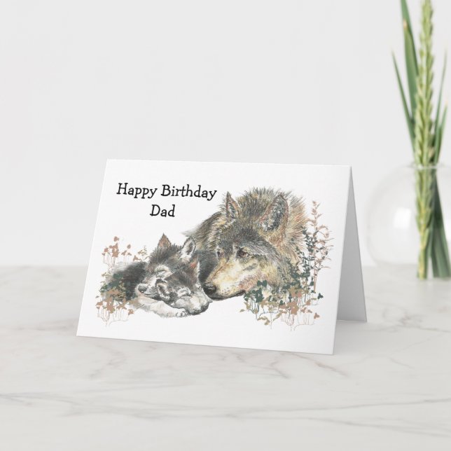 Cartão Aquarela Pai de Aniversário Wolf & Cubs Animal Art (Frente)