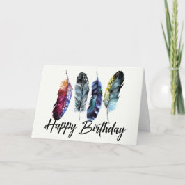 Cartão Aquarela Penas Boho Happy Birday