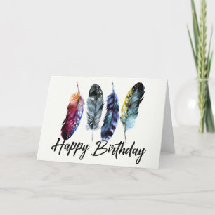 Cartão Aquarela Penas Boho Happy Birday