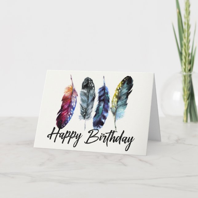 Cartão Aquarela Penas Boho Happy Birday (Frente)