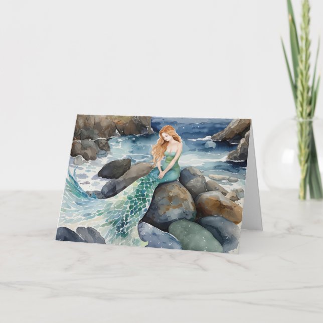 Cartão Aquarela Sereia Pensando Em Você (Frente)