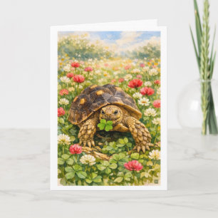 Cartão Aquarela Tartaruga Feliz Aniversário com trevo da