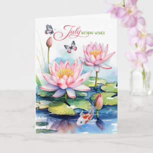 Cartão Aquarelas Rosa e Peixes Koi de Aniversário de Julh