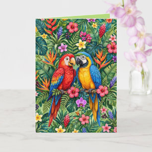 Cartão Araras da Selva Papagaios Alegres Flores Vibrantes
